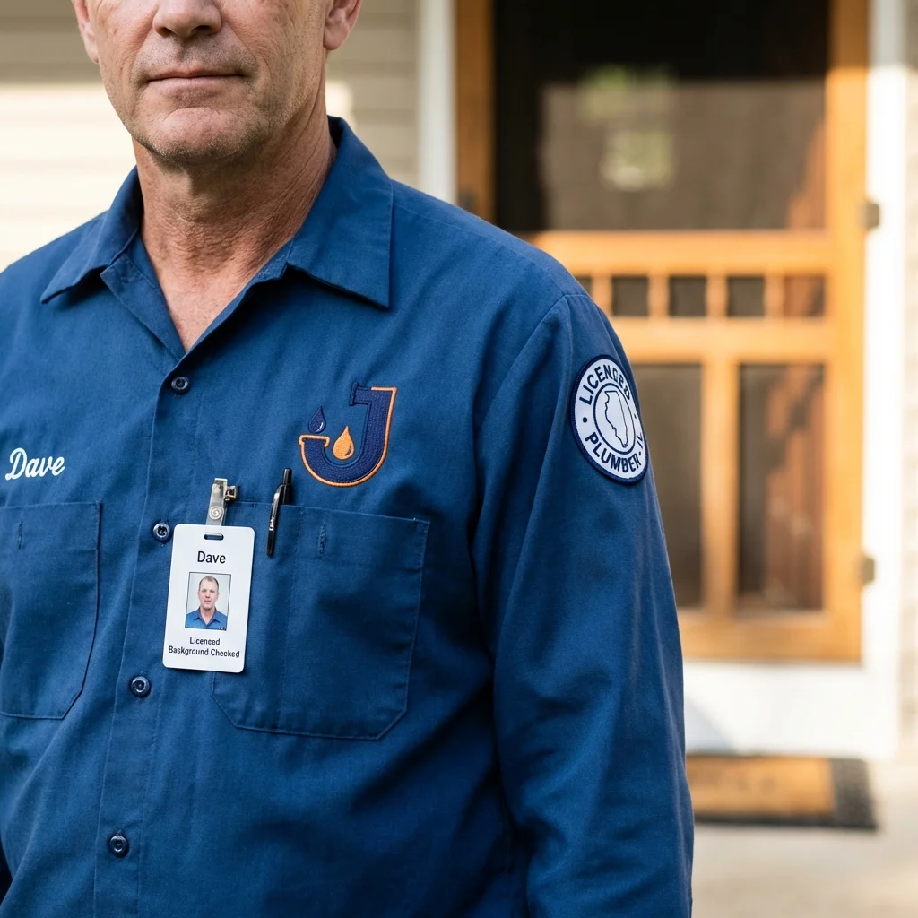 Licensed plumber showing ID badge in Bellaire, MI
