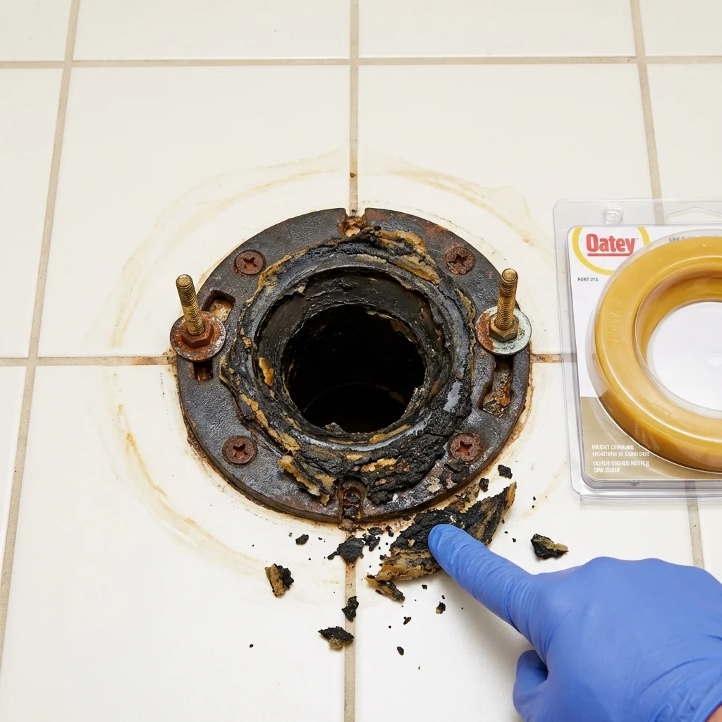 Failed wax ring showing water seepage at the base of a toilet in a Bellaire, MI home
