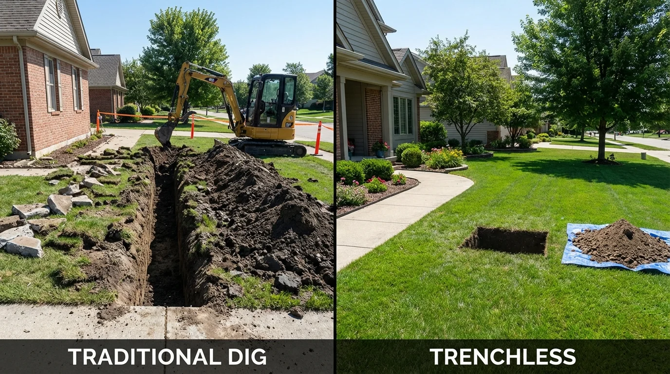 Trenchless sewer repair with minimal yard damage versus traditional excavation in Bellaire, MI