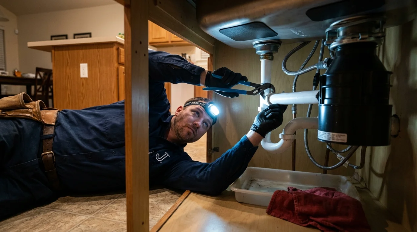 P-trap and supply line connections under a kitchen sink showing a common leak point in Bellaire, MI